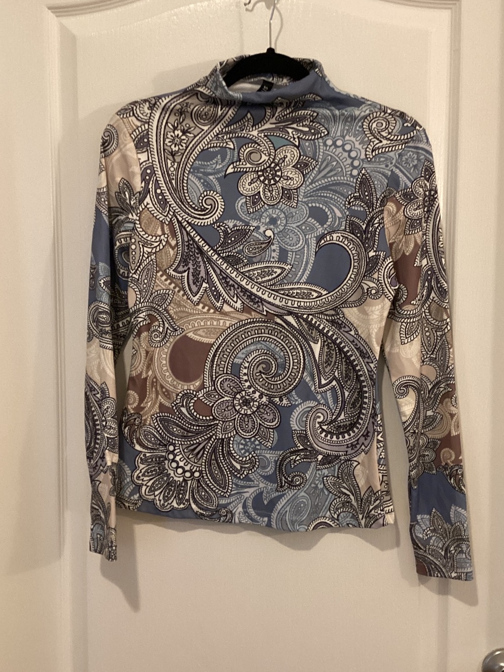 STYLEWE Paisley Mock Neck Long Sleeve Top - Blue, Cream, Brown